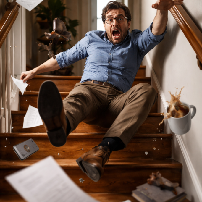 Man in chaos on wooden stairs