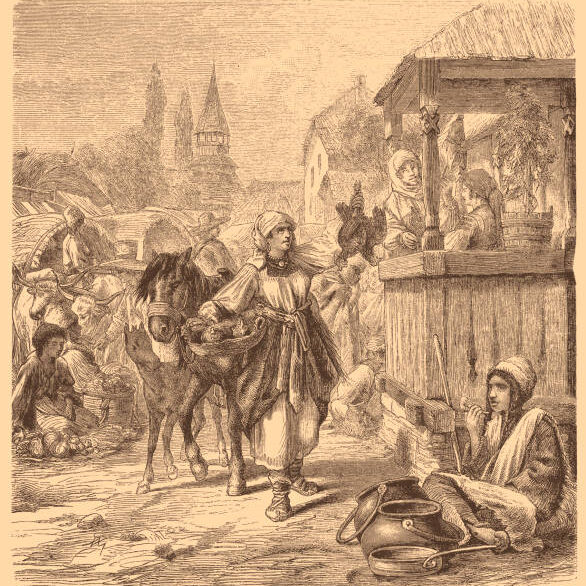 Illustration of a peasant woman on the market